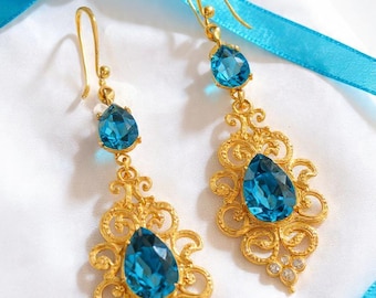 Blue Topaz Gold Earrings, Natural Blue Topaz Motif Filigree Earrings, Solitaire Earrings, Minimalist Earrings, Long  Gift Blue Gem Earrings.