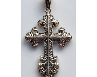 Antique Cross Pendant,Brass Cross Pendant,Motif  Cross Pendant,Gothic Emboss Cross,Silver Finish Gothic Cross, Religious Victorian Cross.