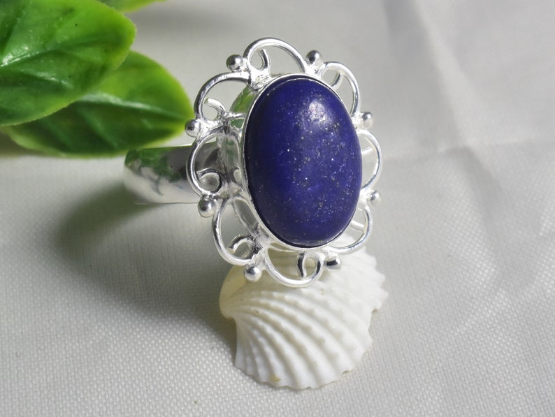 Engagement Lapis Lazuli Silver Ring,Fashion Silver Ring,Gemstone Ring,Round Flat Stone Christmas Gift,Minimalist Lapis Lazuli Silver Ring,