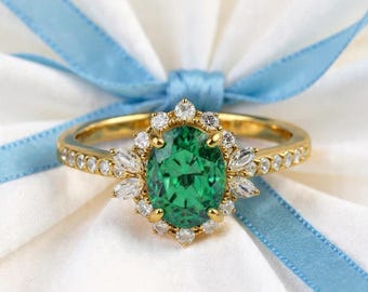 Vintage Oval Emerald Engagement Ring Halo Diamond Ring Silver Art deco May birthstone Classic Gemstone Ring Unique Bridal Ring Women Jewelry