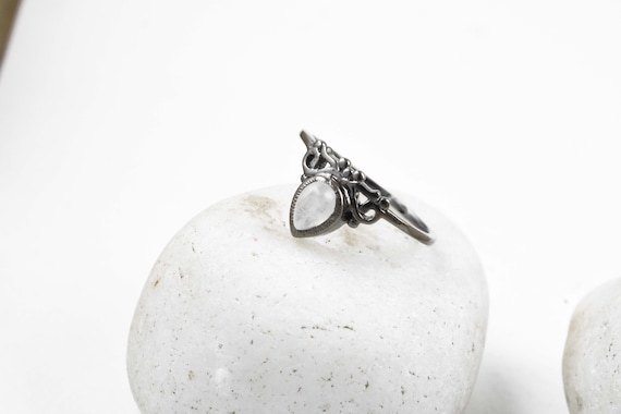 Silver Moon Stone Ring Statement Minimalist Handmade Pear Shape Dainty Floral Motif Rainbow Filigree Stacking Women's Ring Bridesmaid Gift.