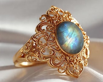 Rainbow Labradorite Ring,Filigree Statement,Big Oval Shape, Natural Gemstone  Sterling Silver 925 Handmade Victorian Boho Filigree Ring.