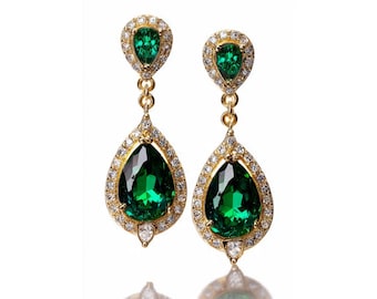 Dainty Pear Cut Emerald Dangle Earrings Art Deco Silver May Birthstone Green Gemstone Halo Drop Earrings,Brass Engagement Gift For Women