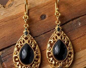 Black Onyx Earrings, Gold and Onyx Earrings,Filigree Gemstones on an Elegant Victorian  Antiqued Silver or Brass Onyx Teardrop Earrings Gift