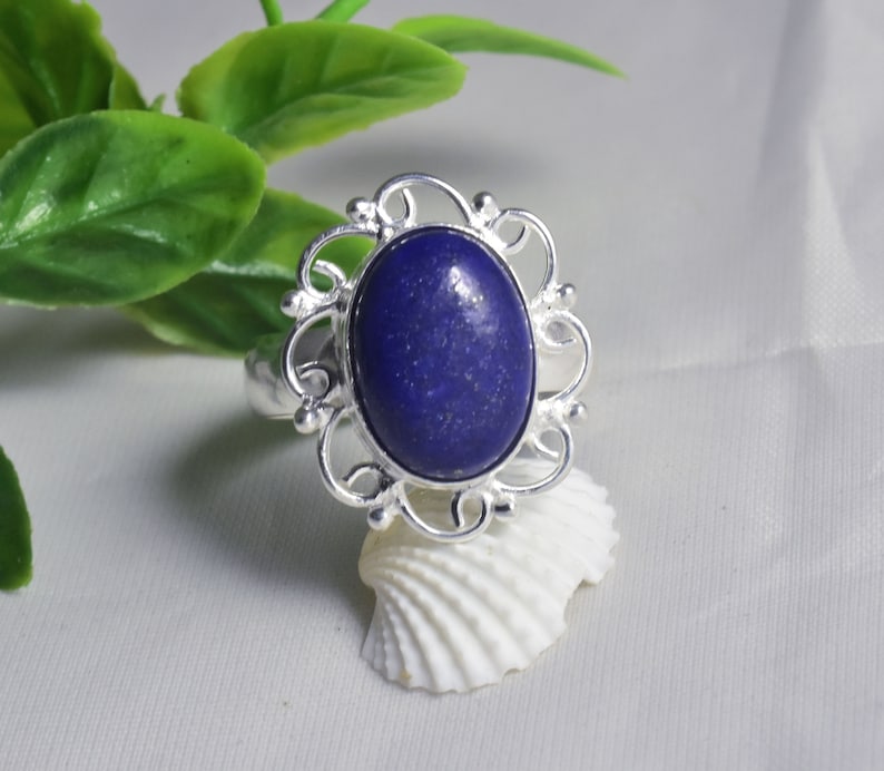Engagement Lapis Lazuli Silver Ring,Fashion Silver Ring,Gemstone Ring,Round Flat Stone Christmas Gift,Minimalist Lapis Lazuli Silver Ring,