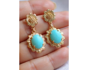 Turquoise Silver Dangle Boho Earrings,Brass Emboss Vintage Flower Vintage Design, December Birthstone Blue Earrings,Floral Leaf Studs Gift.