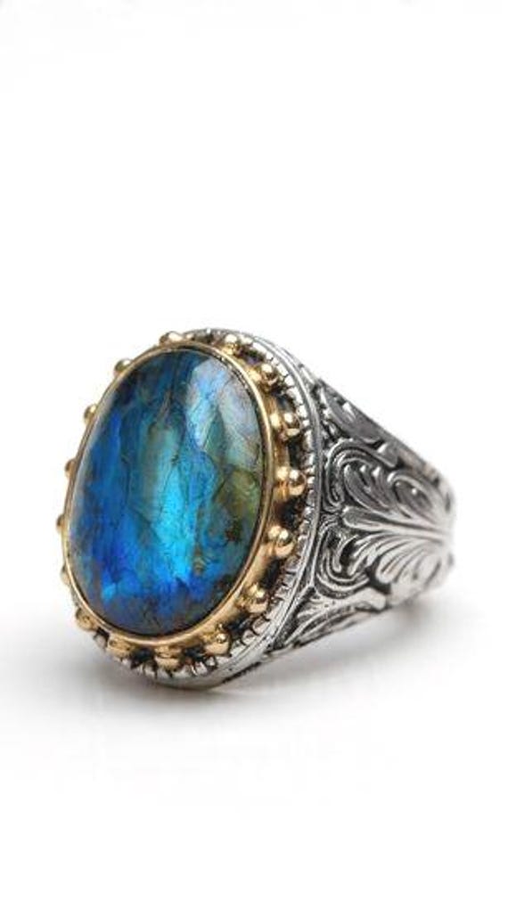 Oval Labradorite Ring,Silver Gemstone Designer Ri… - image 1