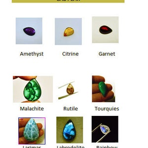 May include: Image featuring various cab pear-shaped gemstones, including amethyst, citrine, garnet, malachite, rutile, tourquies, larimar, labradorite, and rainbow. Each stone is displayed against a white or black background, showcasing their unique colors and patterns.