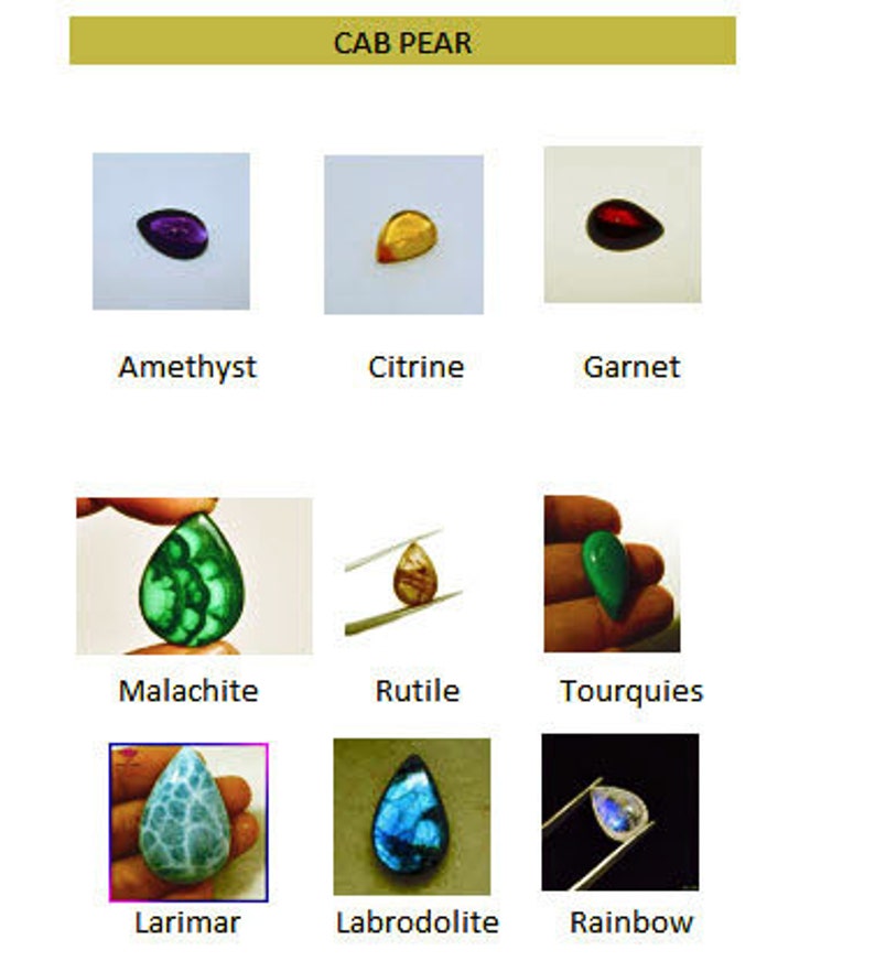 May include: Image featuring various cab pear-shaped gemstones, including amethyst, citrine, garnet, malachite, rutile, tourquies, larimar, labradorite, and rainbow. Each stone is displayed against a white or black background, showcasing their unique colors and patterns.