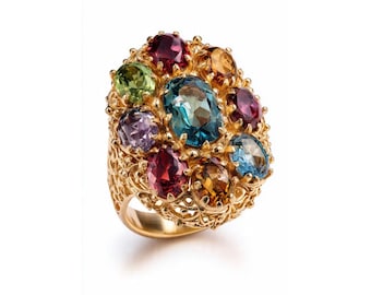 Multi-Stone  Statement Ring, Brass Ornate Artisan Filigree Band,Bohemian Gypsy Style Ring, Vintage Style Art Deco Filigree Large Silver Ring