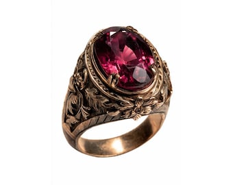 Silver Ruby Ring, Emboss Men's Ring,Handmade Engraved Ring