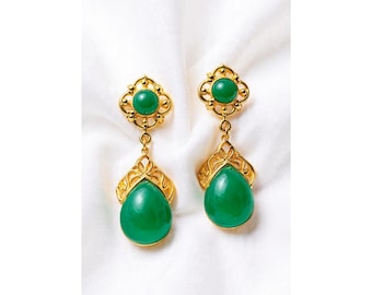 Vintage Green Onyx Earrings,Handmade Cabochon Onyx Dangle Earrings, Silver Filigree Boho Teardrop Brass Fancy Floral Statement Gift Earrings