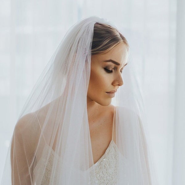 Cathedral veil soft English Net tulle, two tier veil, 2 layer veil Bridal veil with blusher silk style tulle Long Blusher Drop Wedding Veil