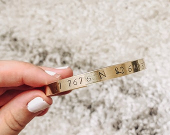 Personalized Brass Coordinate Stamped Cuff Bracelet