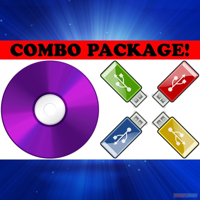 May include: A purple CD and four USB flash drives in green, red, blue, and yellow. The image has the text "COMBO PACKAGE!" in a red banner across the top. The background is a blue gradient.