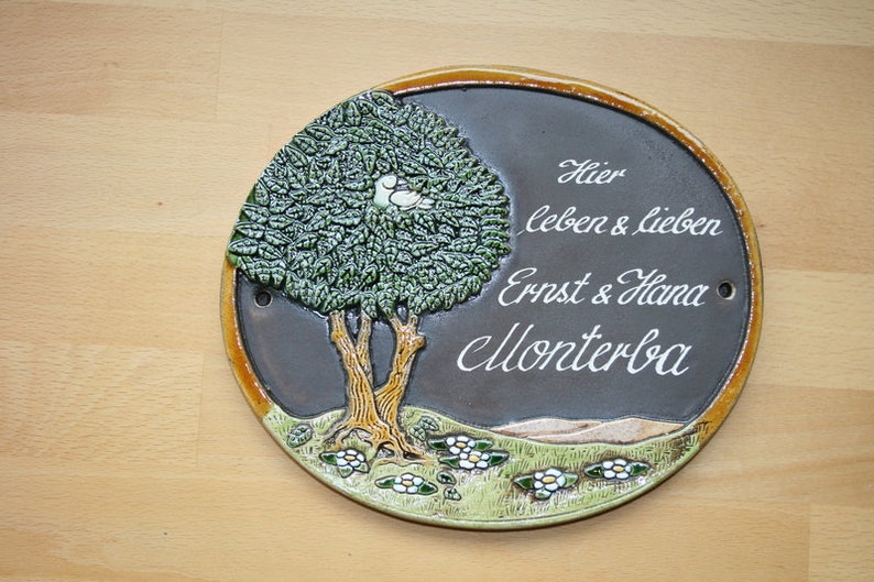 Keramikschild Türschild Baum auf Wiese mit Taube Bild 1
