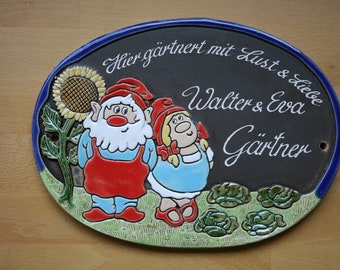 Türschild Keramik Gartenzwerge