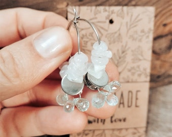 dainty aquamarine rose quartz crystal earrings, multi gemstone beaded hoop earrings, surgical steel hoop earrings with march birthstone