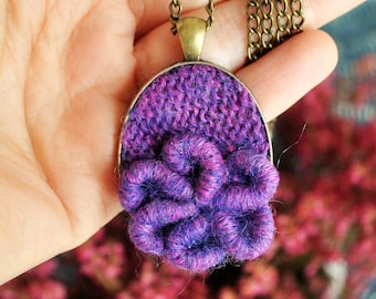 knitted cute flower necklace, short or long floral cabochon necklace, purple fabric pendant for essential oil, romantic soul gifts idea