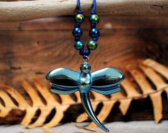 good luck large blue dragonfly pendant necklace, anxiety hematite crystal cord necklace adjustable, intention jewelry, memorial gift idea