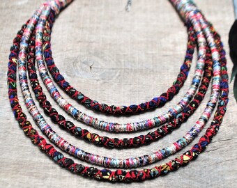 shiny colorful statement necklace, thread wrap fabric necklace, navy blue multistrand ethnic textile necklace, ethical fashion gifts for her