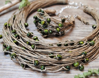 cordón de lino ecológico y conjunto de joyas con cuentas de madera para mujeres, collar de pulsera a juego grueso natural, regalos sobrenaturales para veganos