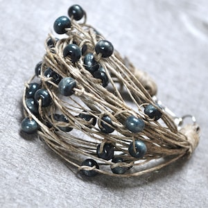 eco friendly bohemian cuff bracelet for women, navy blue wooden beaded bracelet, organic linen cord bracelet, vegan supernatural jewelry image 1