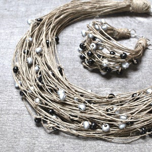 conjunto de joyas de cordón de lino natural, collar de declaración boho con cuentas de madera, collar y pulsera con cuentas de plata, regalo de cumpleaños número 50 para mujeres imagen 8