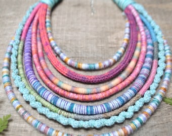 statement fabric bohemian necklace, knitted textile necklace, colorful hippie boho jewelry, ethnic collar, african jewelry, sister gift