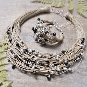 conjunto de joyas de cordón de lino natural, collar de declaración boho con cuentas de madera, collar y pulsera con cuentas de plata, regalo de cumpleaños número 50 para mujeres imagen 1