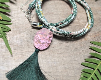 pink ocean jasper pendant necklace, long green tassel fabric necklace, healing necklace with crystal for happiness, uplifting self care gift