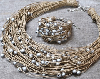 Parure de bijoux en cordon de lin naturel, collier en bois original, petit bracelet de perles en argent, bijoux en tissu, cadeau du 60e anniversaire pour femme végétalienne