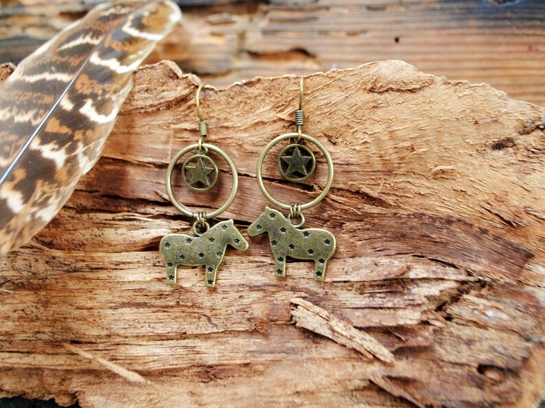 Cute horse earrings bronze star hoop earrings with charm Etsy