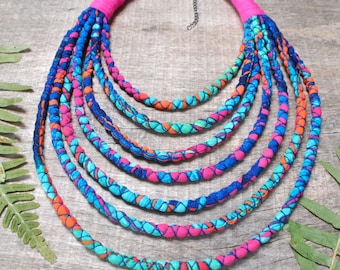 long layered statement necklace for women boho, neon fabric necklace, bright colorful textile necklace, upcycled jewelry for spring outfit