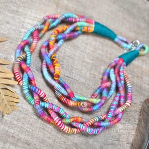 Multicolour fabric necklace, Braided Statement Bib Necklace, Colorful Folk Bohemian Jewelry
