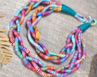 multicolour fabric necklace, statement braided bib, colorful folk jewelry, yarn wrapped bohemian jewelry, unique birthday gift for her