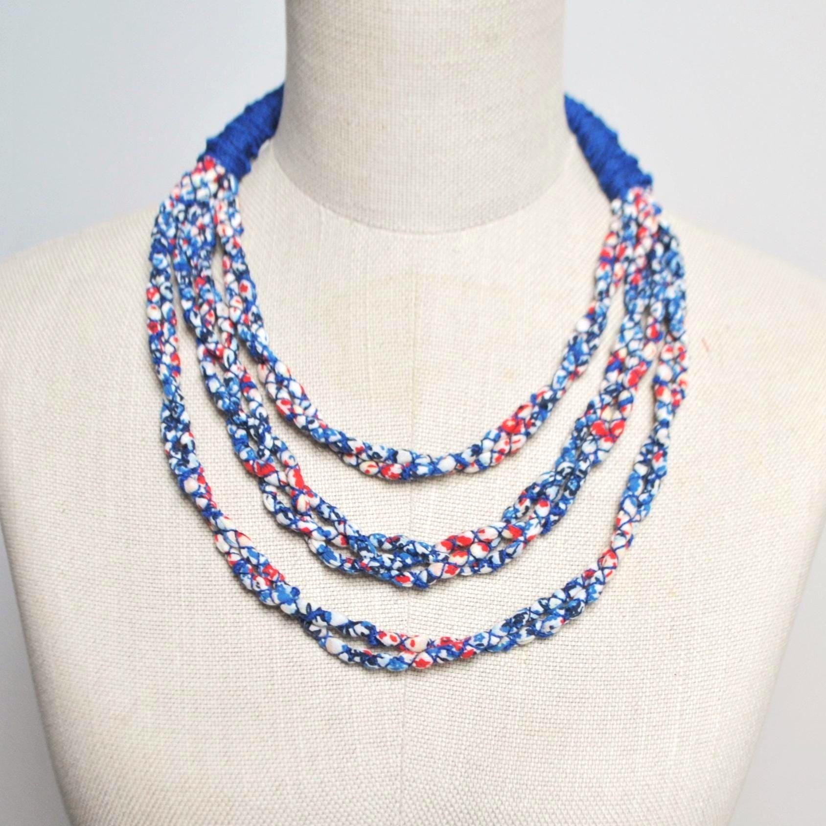 bohemian flower fabric necklace, coloured braided textile necklace, multicolour statement necklace, zero waste jewelry