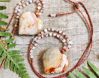 big jasper puffy heart necklace, natural sunstone necklace with large gemstone heart pendant, macrame crystal necklace, mothers day gifts