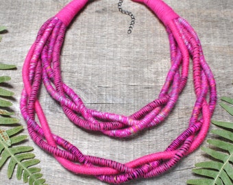 bright pink statement african necklace, colorful rope necklace, braided fabric necklace, yarn wrapped bohemian jewelry, boho gift for sister