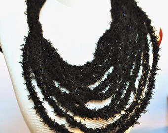 Fluffy Shiny Black Infinity Scarf: Crochet Art Yarn Statement Necklace, Cozy spring neckwarmer
