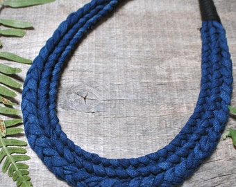 navy blue braided denim necklace, everyday statement fabric necklace, upcycled cloth necklace, sustainable fashion, best eco friendly gifts