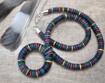 woven colorful ethnic necklace, bold statement necklace with hoop pendant, chunky african necklace, tribal cord necklace, fabric jewelry