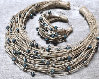 natuurlijke organische linnen sieraden set, marine houten verklaring kraag ketting, houten kralen manchet armband, veganistische 60e verjaardagscadeaus voor vrouwen