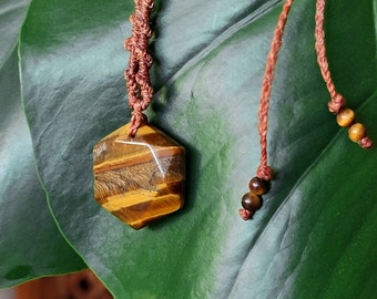 mens tigers eye necklace, hexagon crystal pendant, stone protection amulet for boyfriend, wax cord macrame necklace, adjustable waterproof