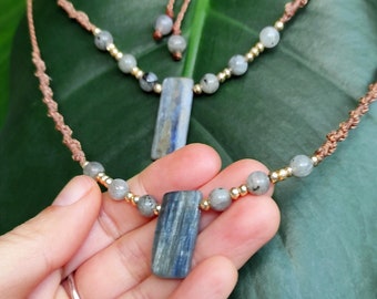 adjustable rough blue kyanite pendant necklace, macrame labradorite necklace, multi gem choker for protection, magical mothers day gift