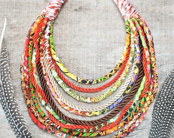 colorful ethnic african necklace for women, statement fabric necklace, chunky rope necklace, ankara textile jewelry, handmade gift for mom