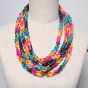 bright multicolor long necklace to creative wrap, Rainbow Yarn thin Infinity Scarf, boho accessories