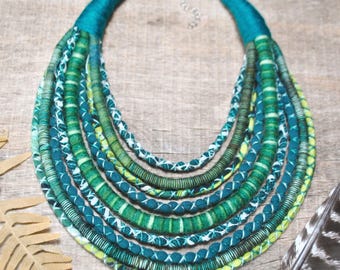 statement african necklace, ankara fabric necklace, tribal bib necklace, green chunky ethnic necklace for women, hand woven textile jewelry