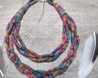 hand woven colorful rope necklace, braided multicolor statement necklace, yarn wrap cord ethnic necklace, boho fabric jewelry for women