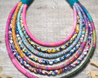 ethnic inspired colorful rope necklace, african fabric necklace, ankara textile statement necklaces for women, zero waste bohemian jewelry